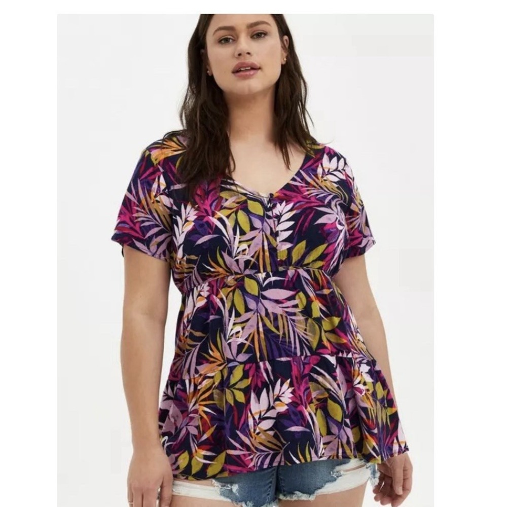 Torrid Purple Leaves Rayon Slub Tiered Pullover Top Size 4X
